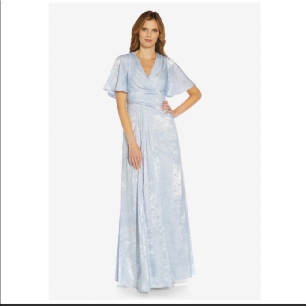 Adrianna Pappell Flutter sleeve metallic gown - blue